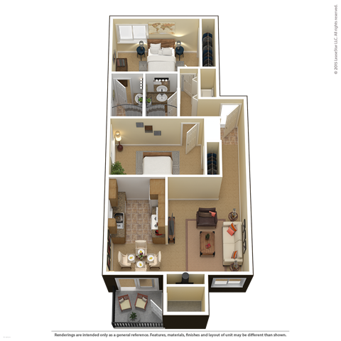 Floor plan for 2 beds, 2 baths, 935 sqft
